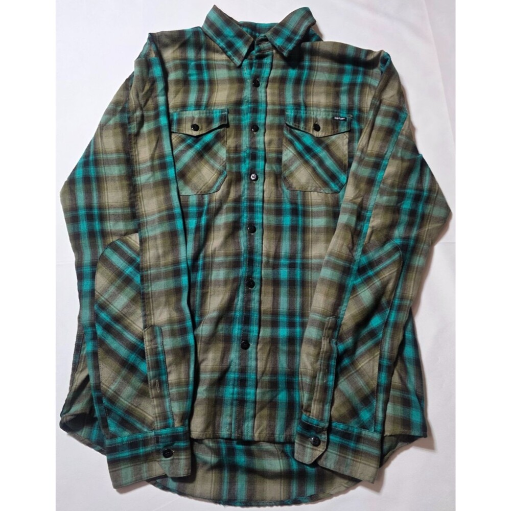 Volcom Workwear Mens Medium Green Teal Plaid Button Up Flannel Accidental LS